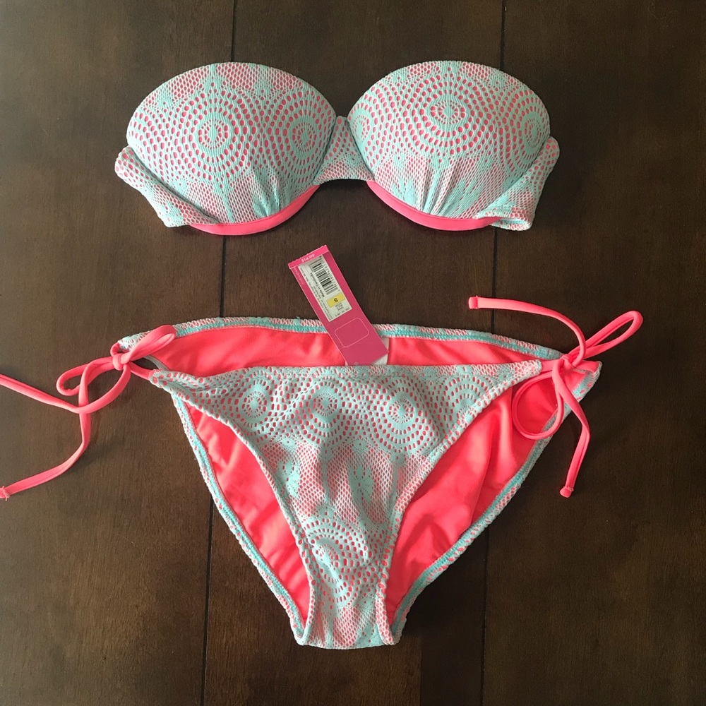 Pink and Aqua Mesh Strapless Bikini